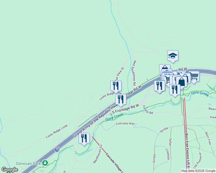 map of restaurants, bars, coffee shops, grocery stores, and more near 1121 Vail View Drive in Vail