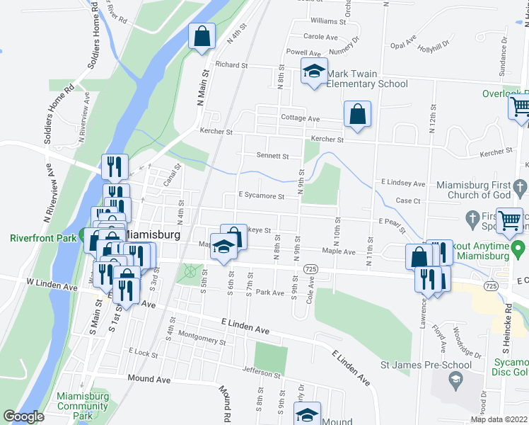 map of restaurants, bars, coffee shops, grocery stores, and more near 731 East Pearl Street in Miamisburg