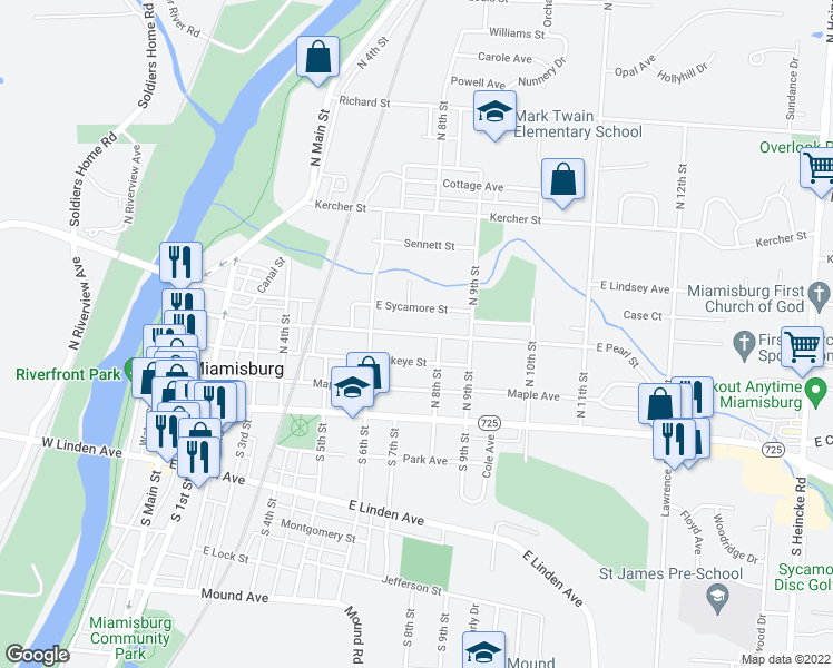 map of restaurants, bars, coffee shops, grocery stores, and more near East Pearl Street in Miamisburg