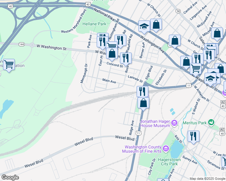 map of restaurants, bars, coffee shops, grocery stores, and more near 955 Ross Street in Hagerstown
