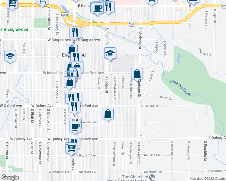 map of restaurants, bars, coffee shops, grocery stores, and more near 4001 South Pennsylvania Street in Englewood