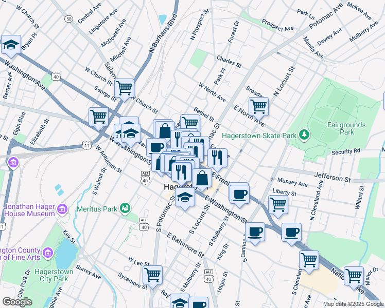 map of restaurants, bars, coffee shops, grocery stores, and more near 111 North Potomac Street in Hagerstown