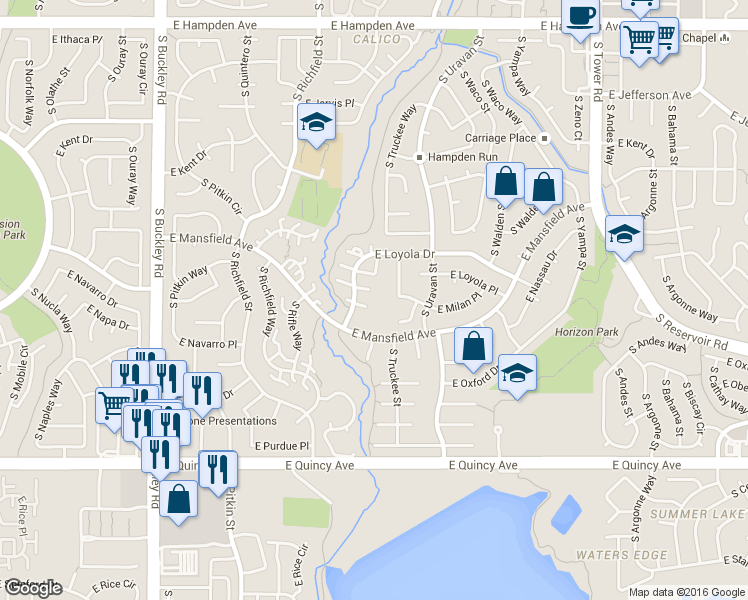 map of restaurants, bars, coffee shops, grocery stores, and more near 17602 East Loyola Drive in Aurora
