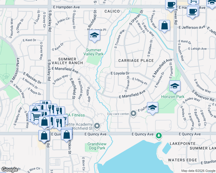 map of restaurants, bars, coffee shops, grocery stores, and more near 17602 East Loyola Drive in Aurora