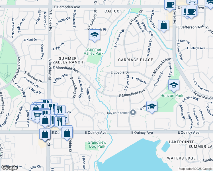 map of restaurants, bars, coffee shops, grocery stores, and more near 17602 East Loyola Drive in Aurora