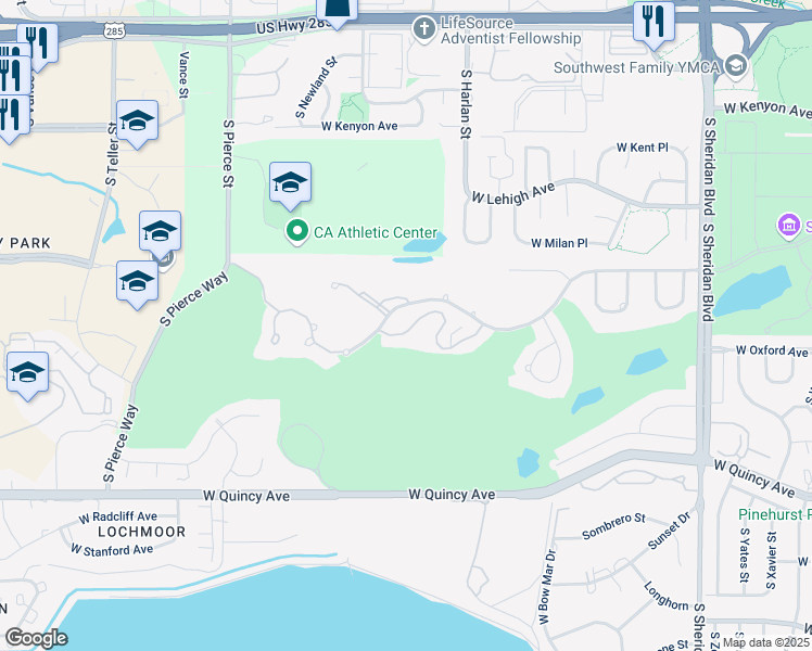 map of restaurants, bars, coffee shops, grocery stores, and more near 6200 West Mansfield Avenue in Denver