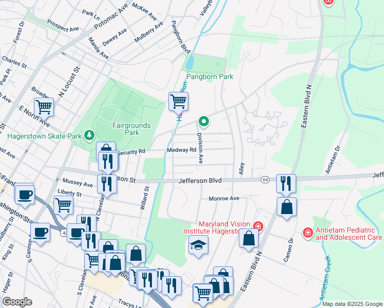 map of restaurants, bars, coffee shops, grocery stores, and more near 731 Medway Road in Hagerstown