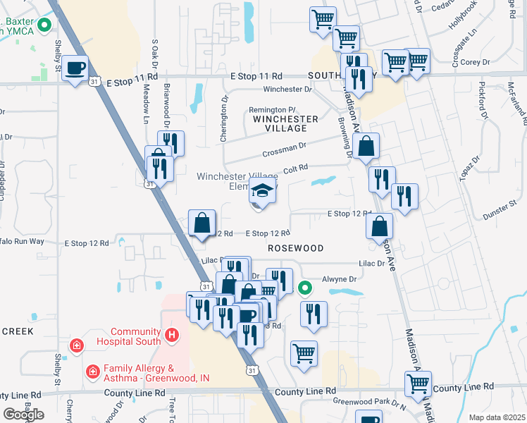 map of restaurants, bars, coffee shops, grocery stores, and more near 1900 E Stop 12 Rd in Indianapolis