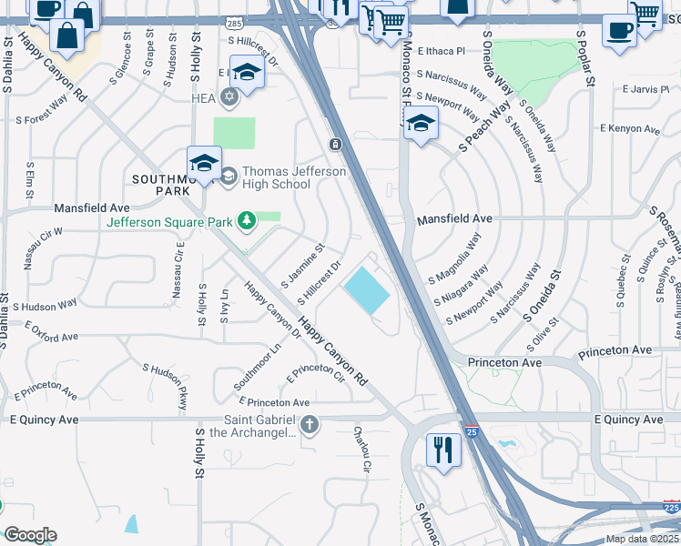 map of restaurants, bars, coffee shops, grocery stores, and more near 3930 South Hillcrest Drive in Denver