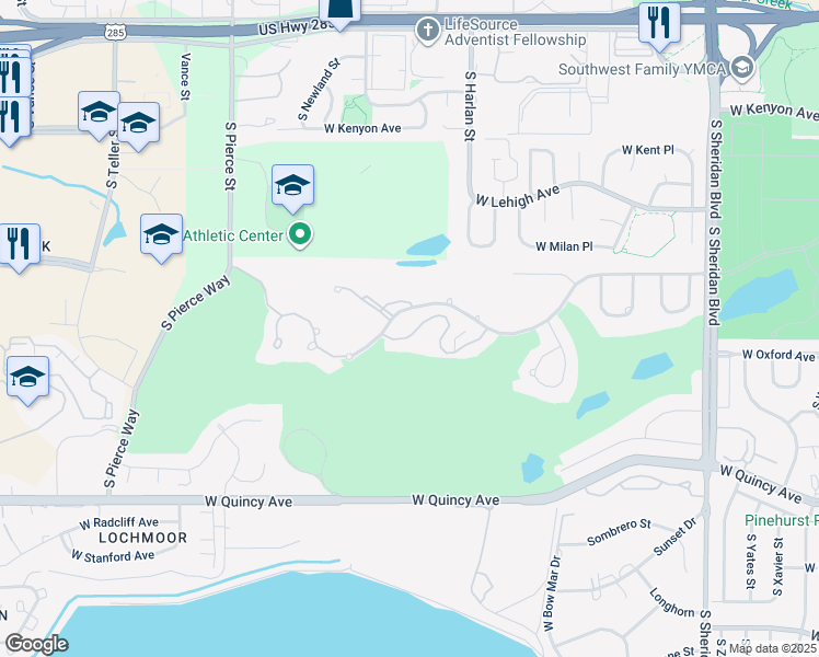 map of restaurants, bars, coffee shops, grocery stores, and more near 6350 West Mansfield Avenue in Denver
