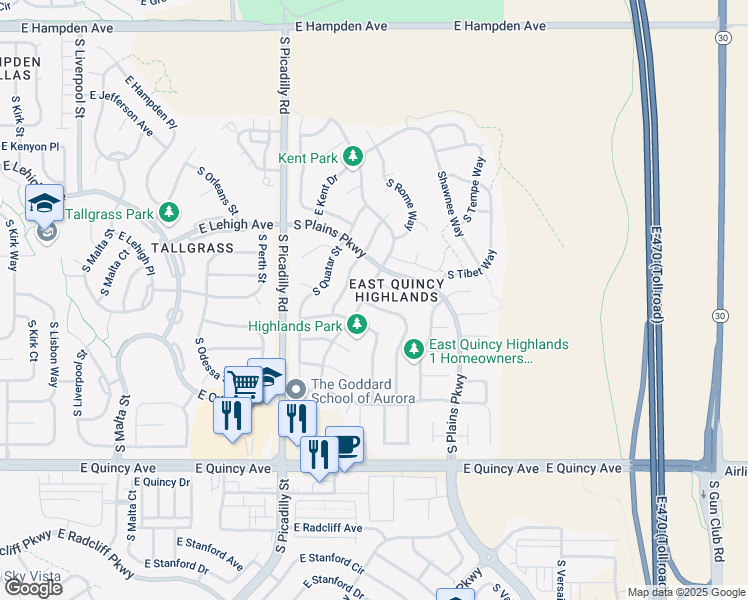 map of restaurants, bars, coffee shops, grocery stores, and more near 4007 South Rome Street in Aurora