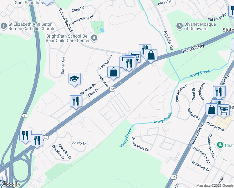 map of restaurants, bars, coffee shops, grocery stores, and more near 734 Pulaski Highway in Bear