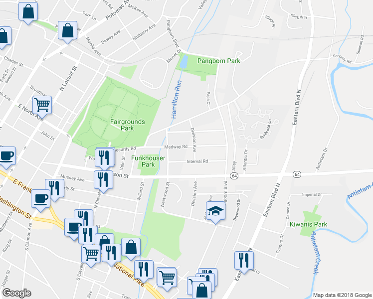 map of restaurants, bars, coffee shops, grocery stores, and more near 731 Medway Road in Hagerstown