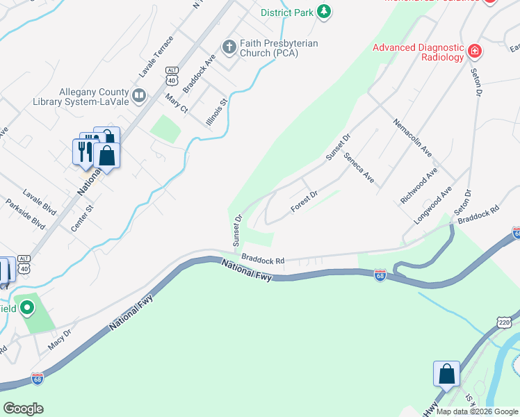 map of restaurants, bars, coffee shops, grocery stores, and more near 3 Sunset Drive in La Vale