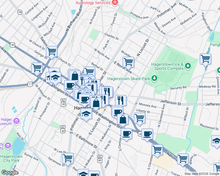 map of restaurants, bars, coffee shops, grocery stores, and more near 48 East Avenue in Hagerstown