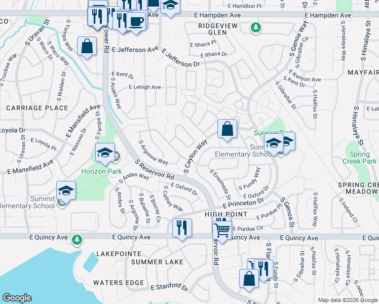 map of restaurants, bars, coffee shops, grocery stores, and more near 19000 East Napa Drive in Aurora
