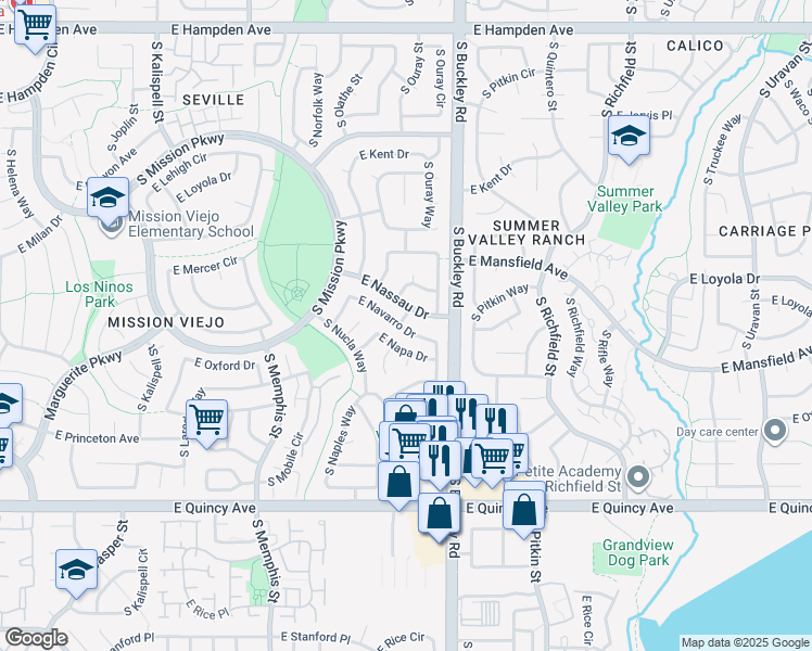 map of restaurants, bars, coffee shops, grocery stores, and more near 16836 East Navarro Drive in Aurora