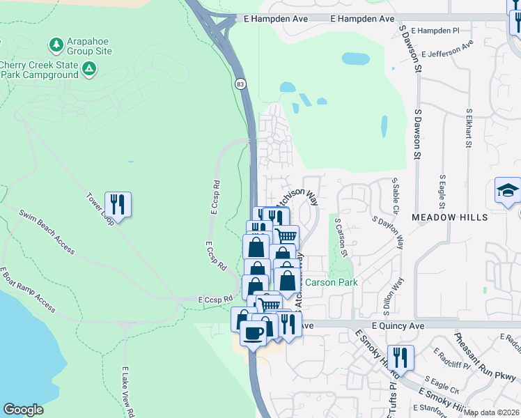map of restaurants, bars, coffee shops, grocery stores, and more near 3807 South Atchison Way in Aurora