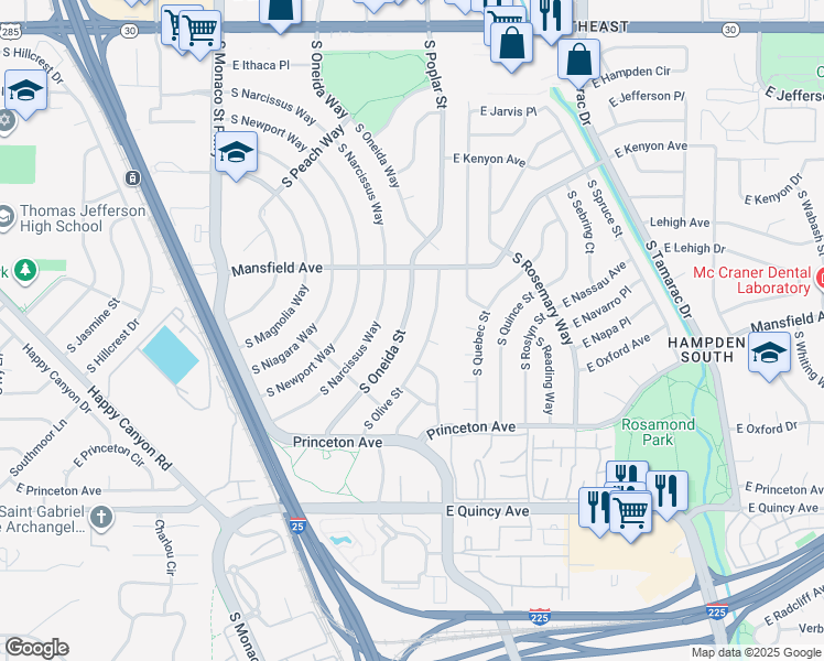 map of restaurants, bars, coffee shops, grocery stores, and more near 4043 South Olive Street in Denver
