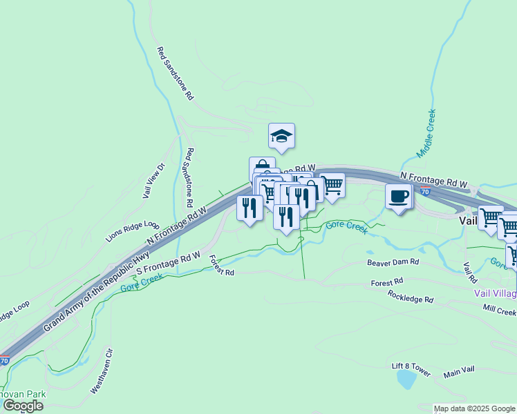 map of restaurants, bars, coffee shops, grocery stores, and more near 684 West Lionshead Circle in Vail