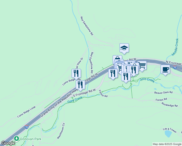 map of restaurants, bars, coffee shops, grocery stores, and more near U.S. Route 6 in California in Vail
