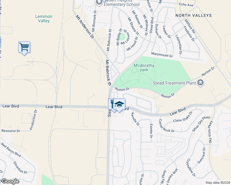 map of restaurants, bars, coffee shops, grocery stores, and more near 13920 Lear Boulevard in Reno