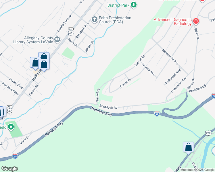 map of restaurants, bars, coffee shops, grocery stores, and more near 3 Sunset Drive in La Vale