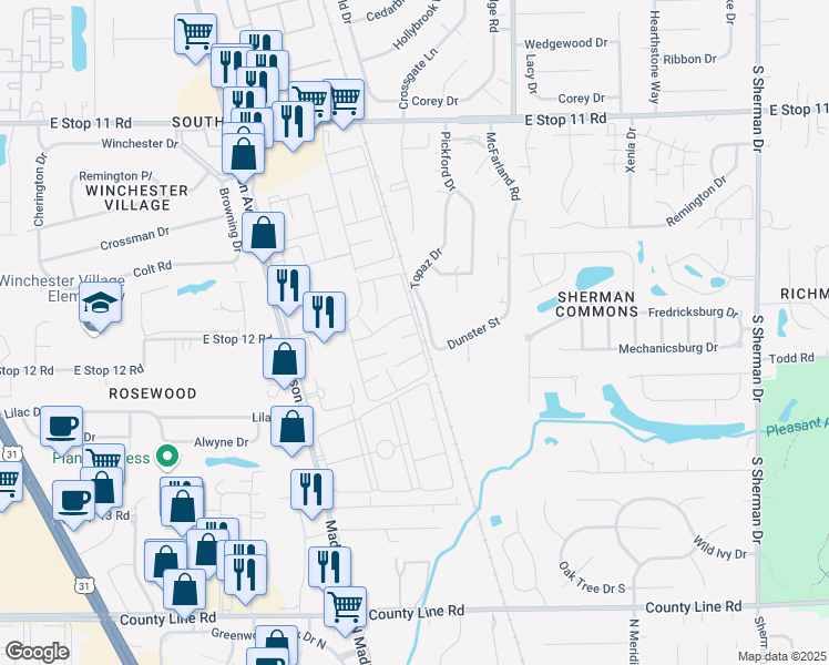 map of restaurants, bars, coffee shops, grocery stores, and more near 2853 Punto Alto Court in Indianapolis