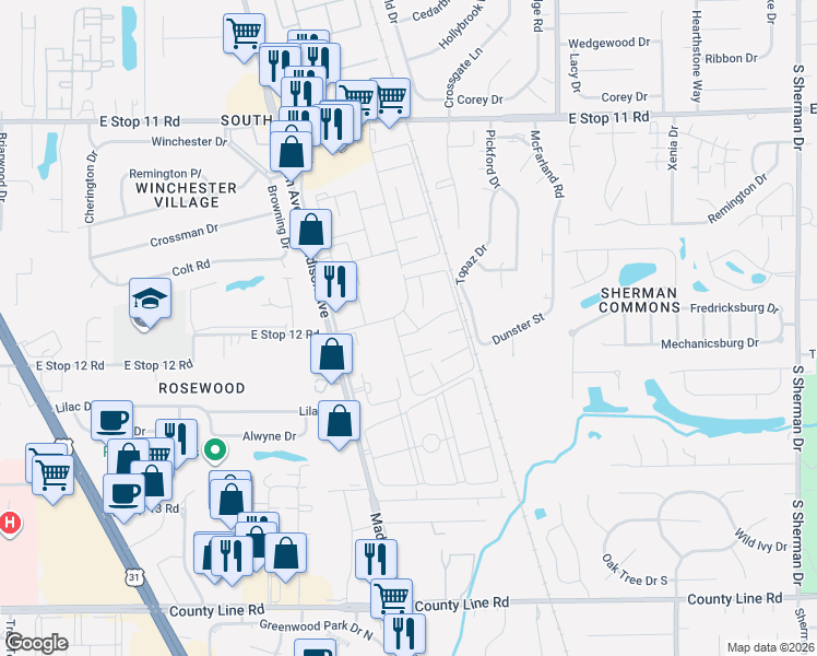 map of restaurants, bars, coffee shops, grocery stores, and more near 2714 Palo Verde Court in Indianapolis