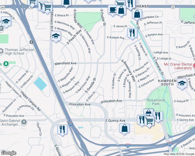 map of restaurants, bars, coffee shops, grocery stores, and more near 4043 South Olive Street in Denver
