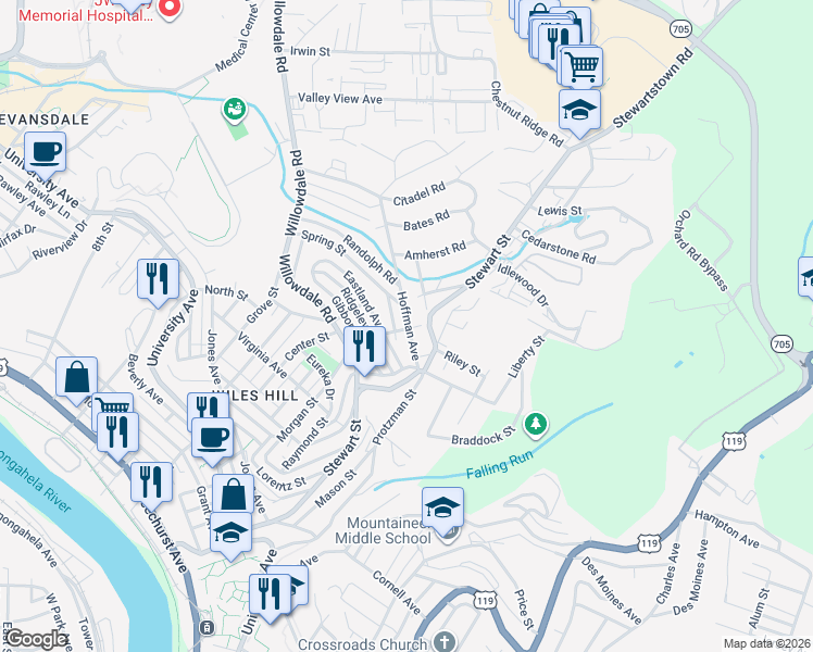 map of restaurants, bars, coffee shops, grocery stores, and more near 123 Hoffman Avenue in Morgantown