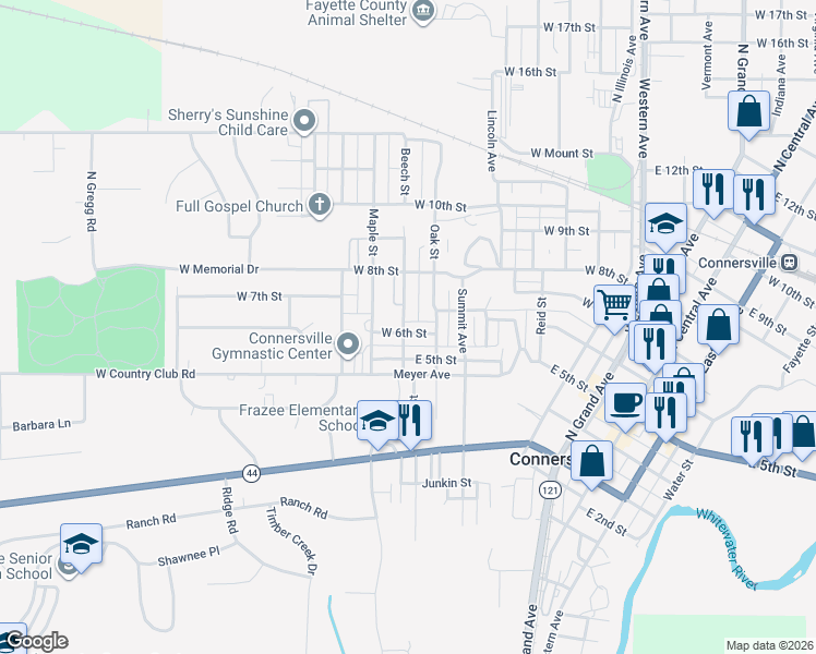 map of restaurants, bars, coffee shops, grocery stores, and more near 811 West 6th Street in Connersville