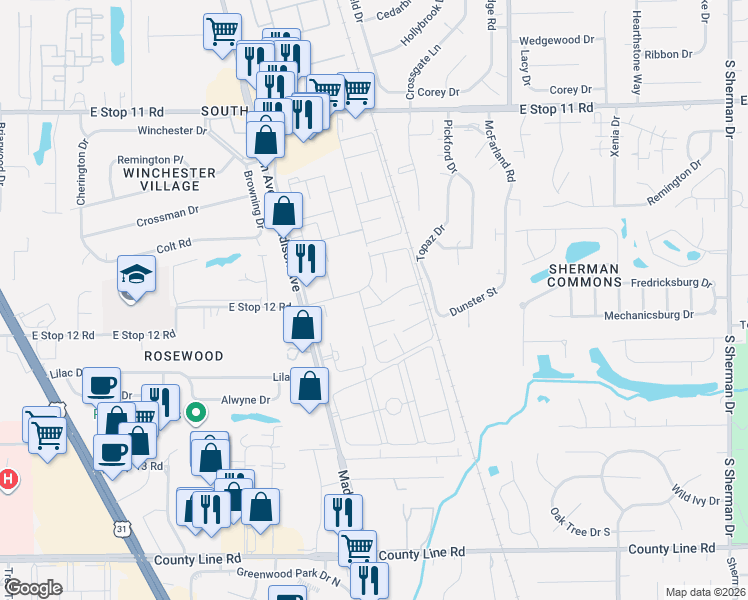 map of restaurants, bars, coffee shops, grocery stores, and more near 2714 Palo Verde Court in Indianapolis