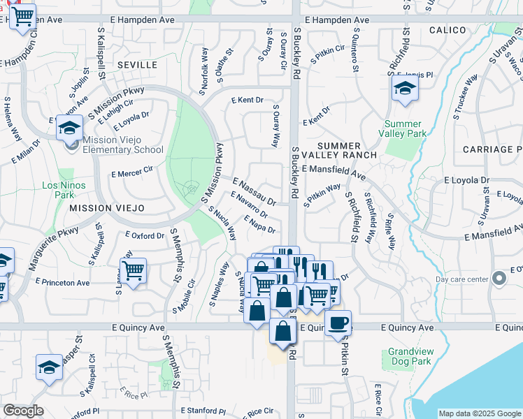 map of restaurants, bars, coffee shops, grocery stores, and more near 16836 East Navarro Drive in Aurora