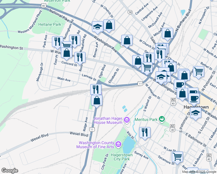 map of restaurants, bars, coffee shops, grocery stores, and more near 137 Elizabeth Street in Hagerstown