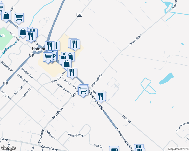 map of restaurants, bars, coffee shops, grocery stores, and more near 51 Plymouth Road in Hammonton