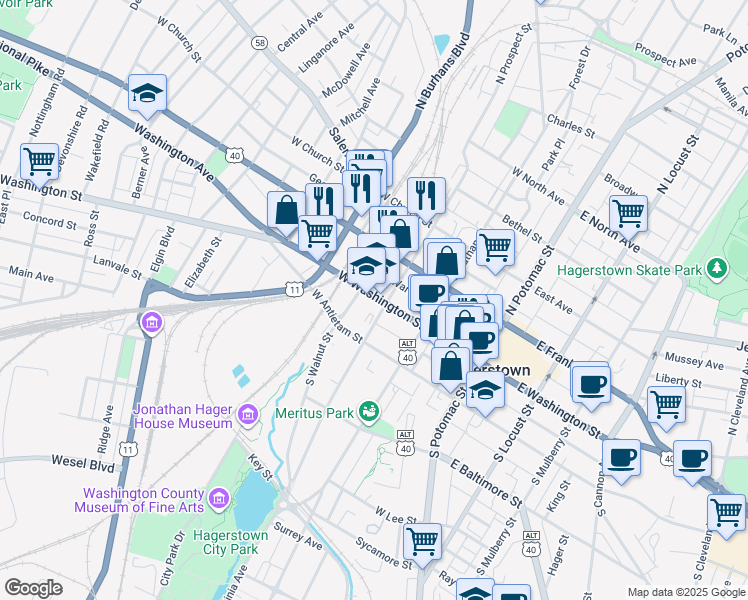 map of restaurants, bars, coffee shops, grocery stores, and more near 215 West Washington Street in Hagerstown