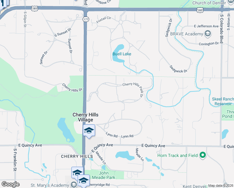 map of restaurants, bars, coffee shops, grocery stores, and more near Cherry Hills Park Drive in Cherry Hills Village