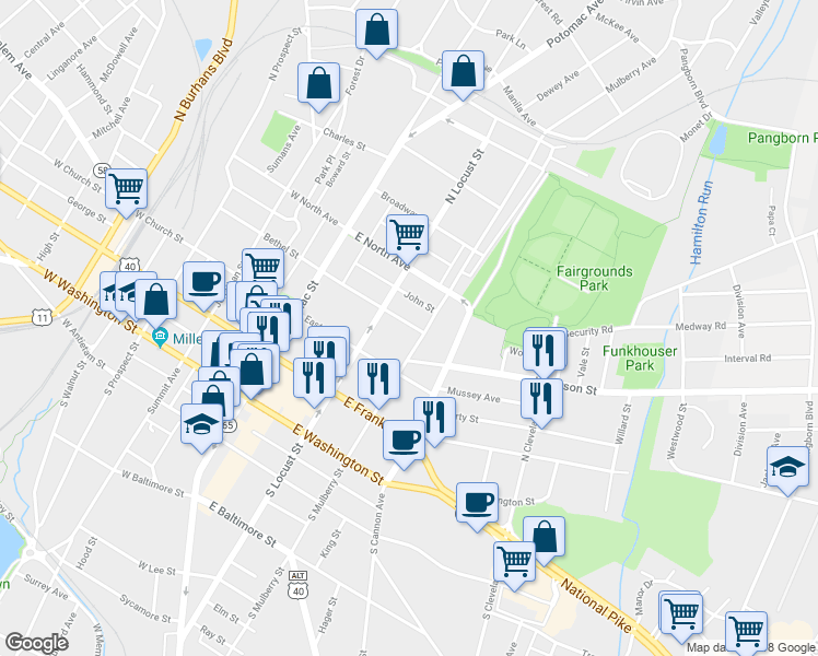 map of restaurants, bars, coffee shops, grocery stores, and more near 133 Randolph Avenue in Hagerstown