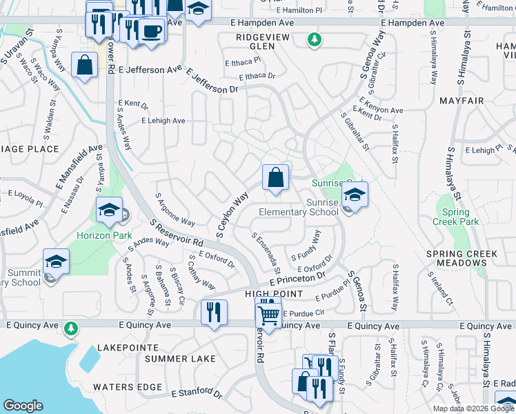 map of restaurants, bars, coffee shops, grocery stores, and more near 19432 East Navarro Drive in Aurora