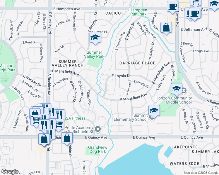 map of restaurants, bars, coffee shops, grocery stores, and more near 17602 East Loyola Drive in Aurora