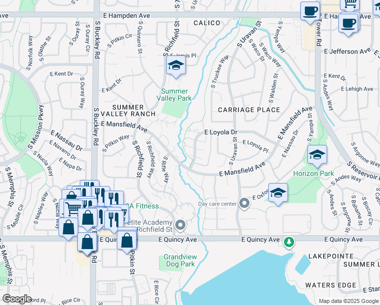 map of restaurants, bars, coffee shops, grocery stores, and more near in Aurora