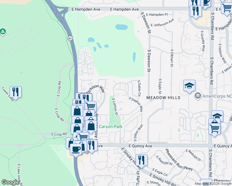 map of restaurants, bars, coffee shops, grocery stores, and more near 4056 South Carson Street in Aurora