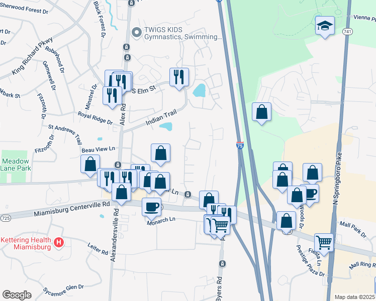 map of restaurants, bars, coffee shops, grocery stores, and more near 31 Kerry Court in West Carrollton