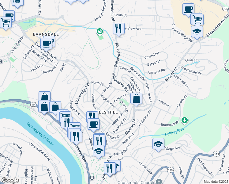 map of restaurants, bars, coffee shops, grocery stores, and more near 529 Center Street in Morgantown