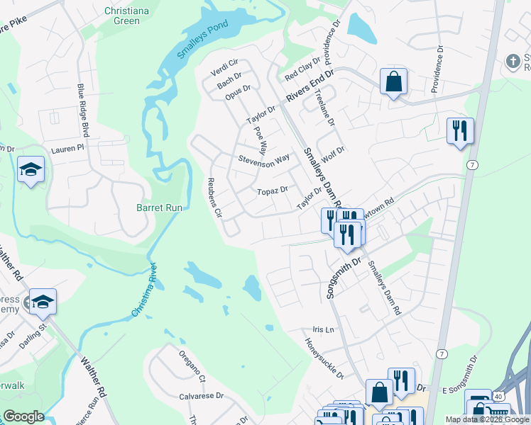 map of restaurants, bars, coffee shops, grocery stores, and more near 15 Williams Court in Newark