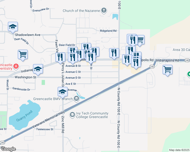 map of restaurants, bars, coffee shops, grocery stores, and more near 1102 Avenue D Street in Greencastle