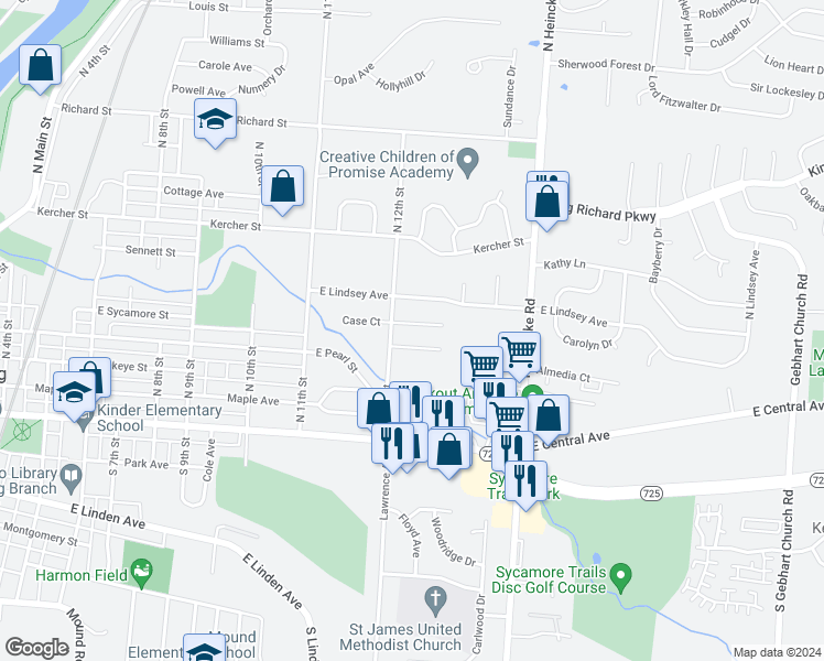 map of restaurants, bars, coffee shops, grocery stores, and more near 1210 Case Avenue in Miamisburg