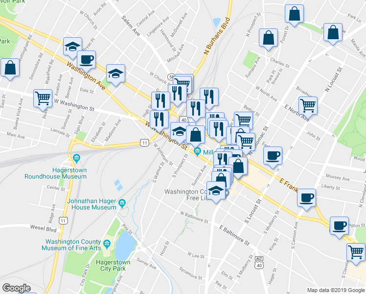 map of restaurants, bars, coffee shops, grocery stores, and more near 217 National Pike in Hagerstown