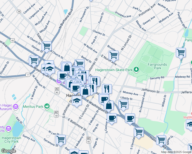 map of restaurants, bars, coffee shops, grocery stores, and more near 40 East Avenue in Hagerstown